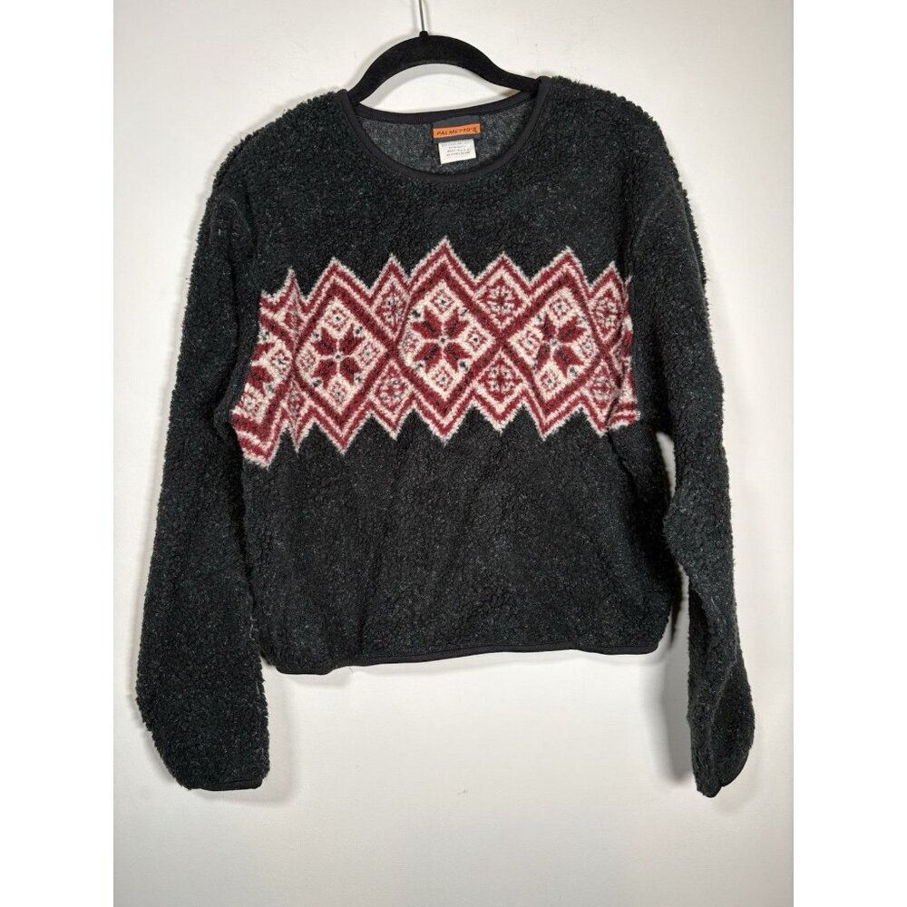 VIntage Palmetto's Fleece Pullover Black Fair Isle Geometric Made in USA Large